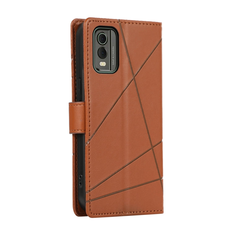 For Nokia C32 PU Genuine Leather Texture Embossed Line Phone Case with card slots and kickstand feature, showcasing its stylish design and functionality.