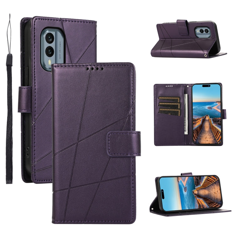 For Nokia X30 PU Genuine Leather Texture Embossed Line Phone Case with card slots and wrist strap, showcasing its stylish design and functionality.