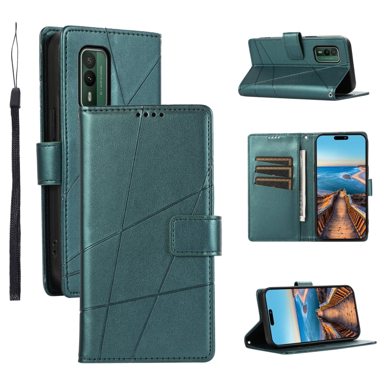 For Nokia XR21 PU Genuine Leather Texture Embossed Line Phone Case with card slots and wrist strap, showcasing its stylish design and functionality.