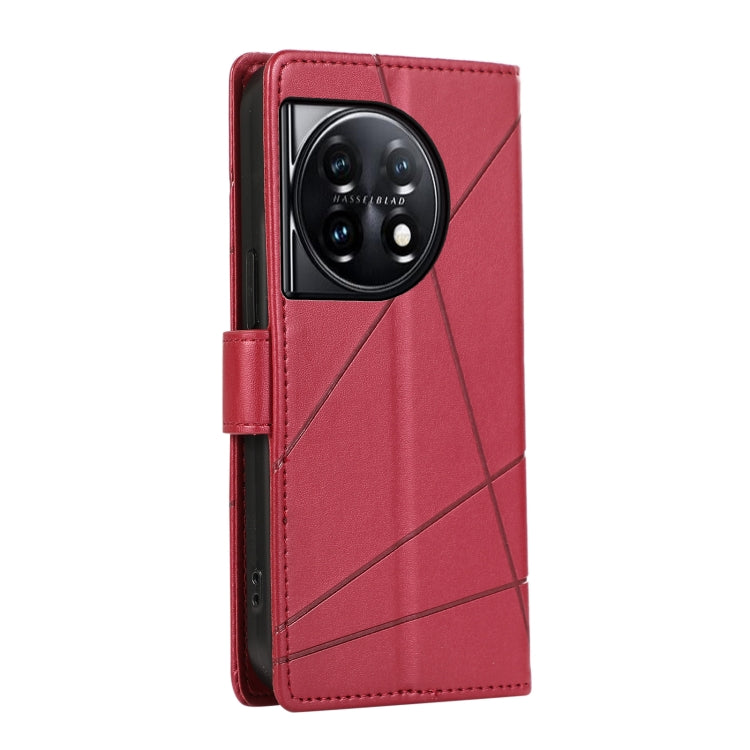 For OnePlus 11 PU Genuine Leather Texture Embossed Line Phone Case with wallet and kickstand features, showcasing its elegant design and functionality.