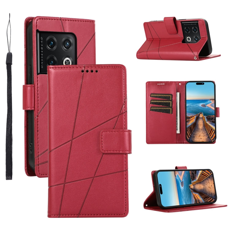 For OnePlus 10 Pro PU Genuine Leather Texture Embossed Line Phone Case with card slots and kickstand feature.