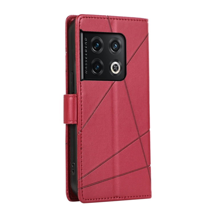 For OnePlus 10 Pro PU Genuine Leather Texture Embossed Line Phone Case with card slots and kickstand feature.