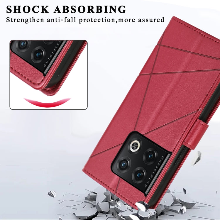 For OnePlus 10 Pro PU Genuine Leather Texture Embossed Line Phone Case with card slots and kickstand feature.