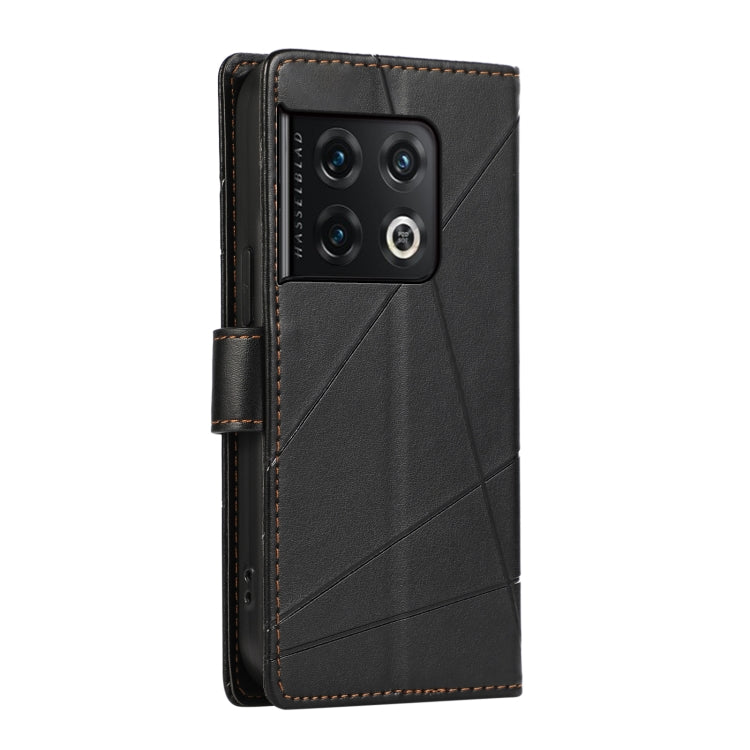 For OnePlus 10 Pro PU leather phone case with embossed texture, featuring card slots and a wrist strap.