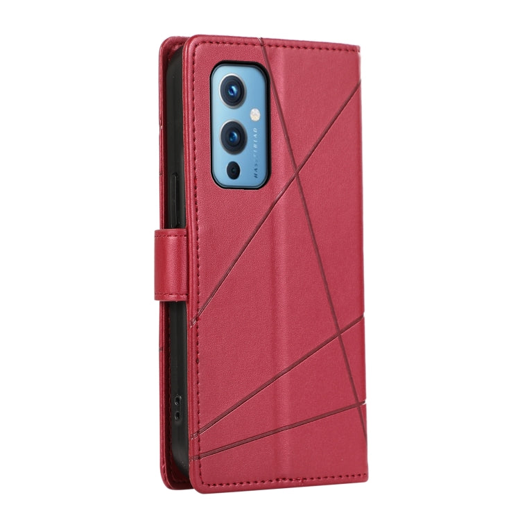 Red PU leather phone case for OnePlus 9 with embossed texture and wallet functionality, featuring card slots and a wrist strap.