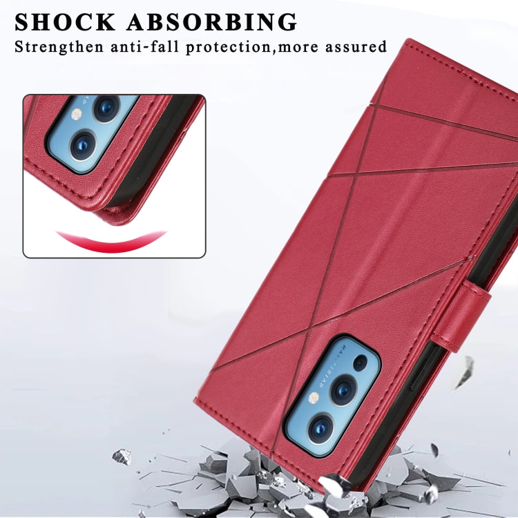 Red PU leather phone case for OnePlus 9 with embossed texture and wallet functionality, featuring card slots and a wrist strap.