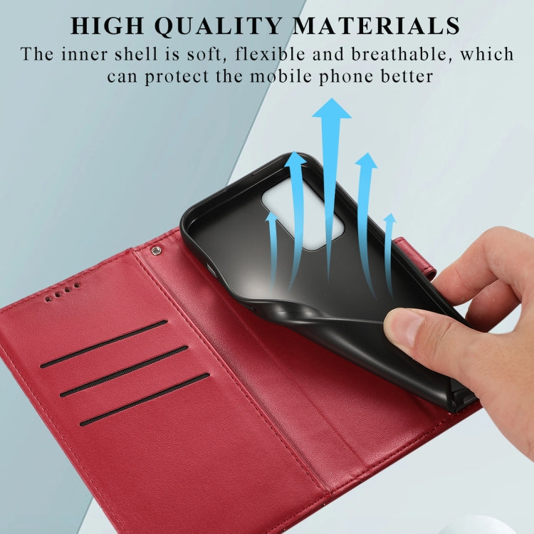 Red PU leather phone case for OnePlus 9 with embossed texture and wallet functionality, featuring card slots and a wrist strap.
