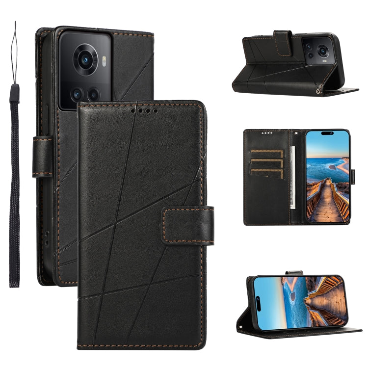 For OnePlus Ace PU Genuine Leather Texture Embossed Line Phone Case with card slots and wrist strap.
