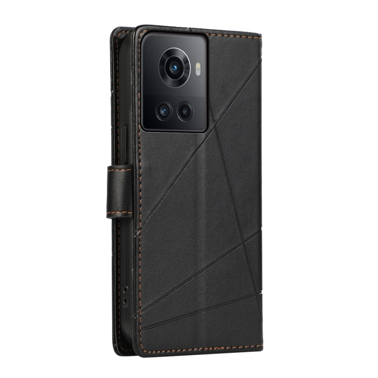 For OnePlus Ace PU Genuine Leather Texture Embossed Line Phone Case with card slots and wrist strap.