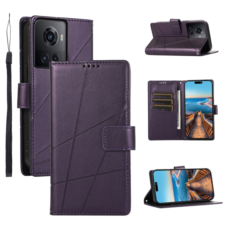 For OnePlus Ace PU Genuine Leather Texture Embossed Line Phone Case with card slots and wrist strap, showcasing its elegant design and functionality.
