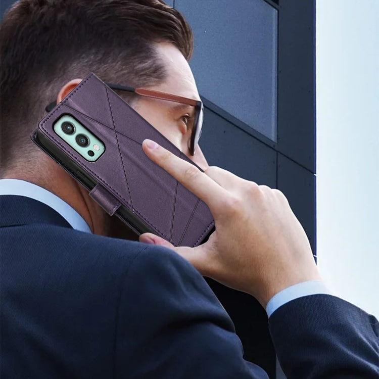 For OnePlus Nord 2 5G PU leather phone case with embossed texture, featuring card slots and a wrist strap.