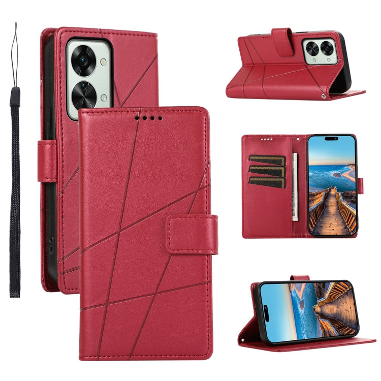 For OnePlus Nord 2T PU leather phone case with embossed texture, featuring card slots and a wrist strap.