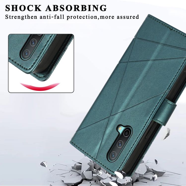 For OnePlus Nord CE 5G PU leather phone case with embossed texture, featuring card slots and a wrist strap.