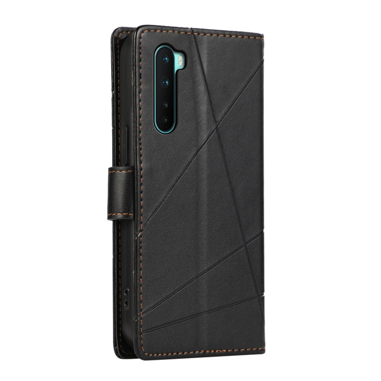 For OnePlus Nord PU Genuine Leather Texture Embossed Line Phone Case with card slots and wrist strap, showcasing its elegant design and functionality.
