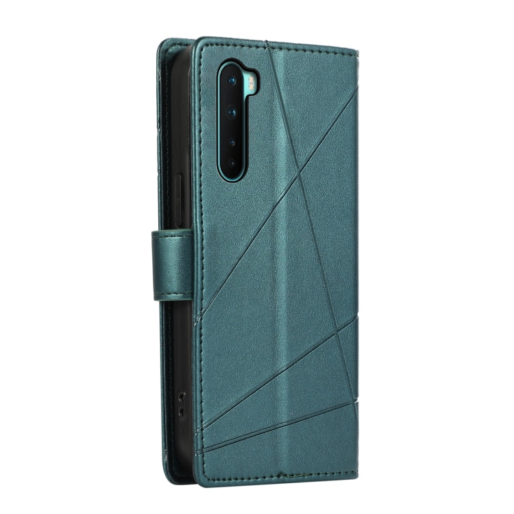 For OnePlus Nord PU Genuine Leather Texture Embossed Line Phone Case with card slots and kickstand feature, showcasing its stylish design.