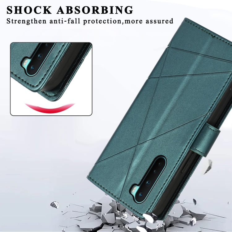 For OnePlus Nord PU Genuine Leather Texture Embossed Line Phone Case with card slots and kickstand feature, showcasing its stylish design.