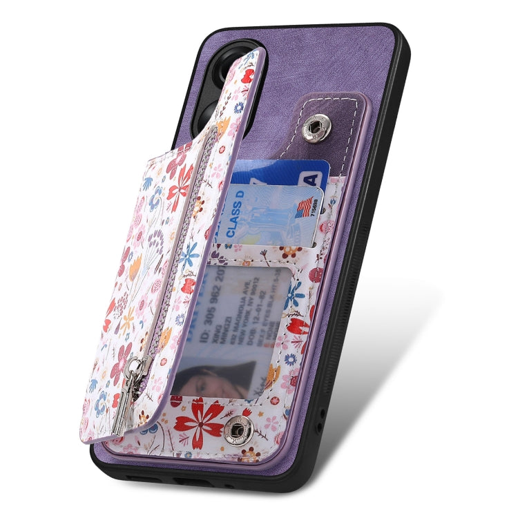 Purple retro painted zipper wallet case for OPPO A15, showcasing its stylish design and functional features.