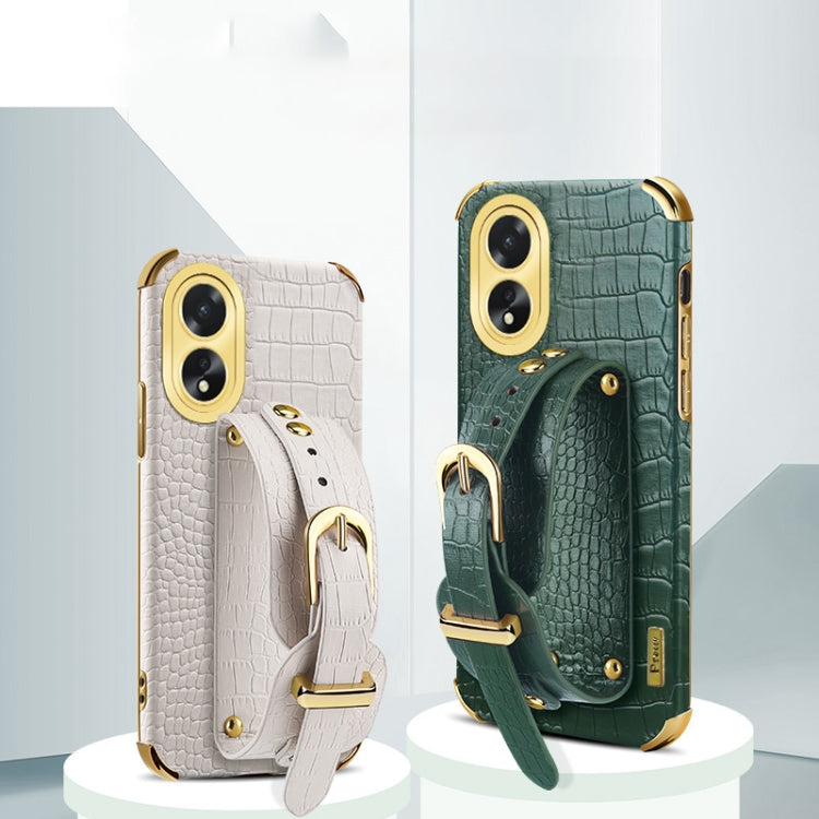 Electroplated crocodile leather wrist strap case for OPPO A38, showcasing its stylish design and functionality.