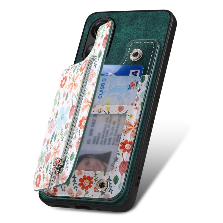 Green retro painted zipper wallet case for OPPO A53 2020, showcasing card slots and kickstand feature.