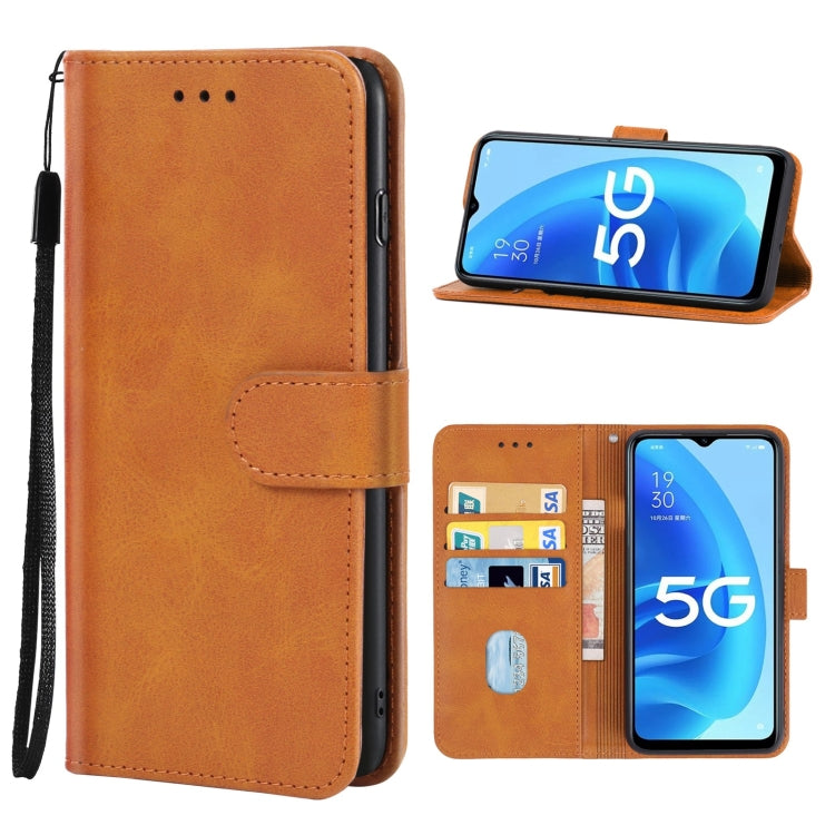 Brown leather phone case designed for OPPO A56 5G, featuring card slots and a holder for horizontal viewing.