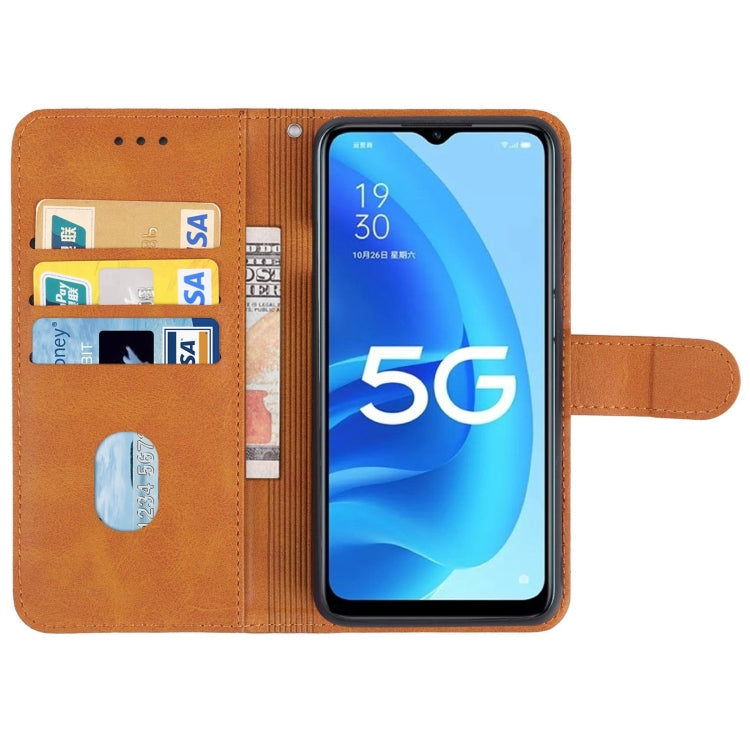 Brown leather phone case designed for OPPO A56 5G, featuring card slots and a holder for horizontal viewing.