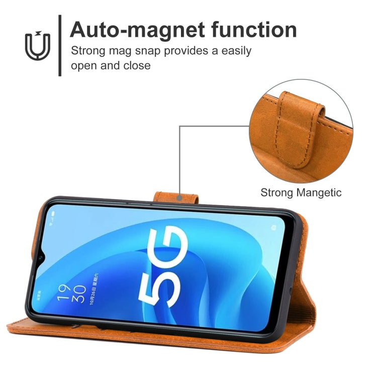 Brown leather phone case designed for OPPO A56 5G, featuring card slots and a holder for horizontal viewing.