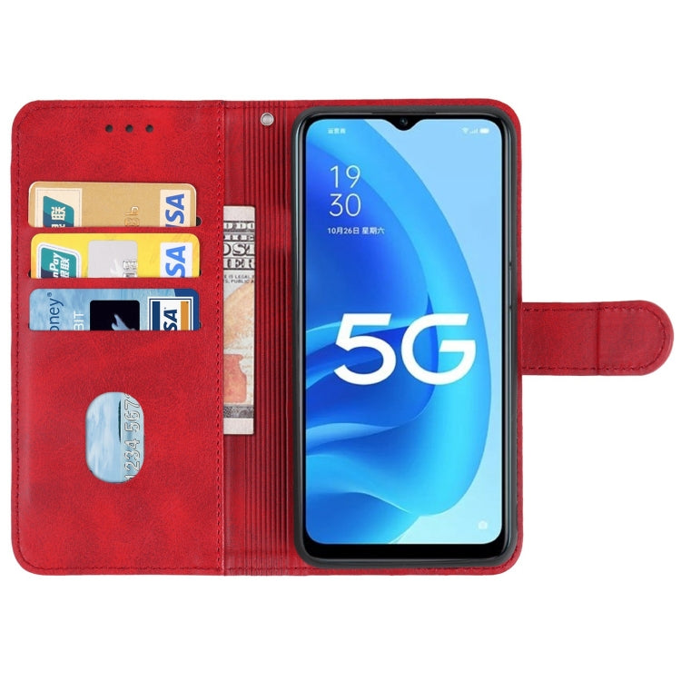 Red leather phone case designed for OPPO A56 5G, featuring card slots and a holder for horizontal viewing.