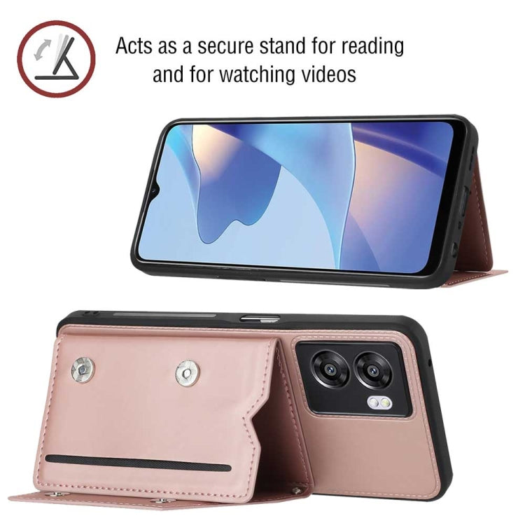 Skin feel phone case for OPPO A57 5G and A77 5G, featuring card slots and a stand design, made from PU, TPU, and PC materials.