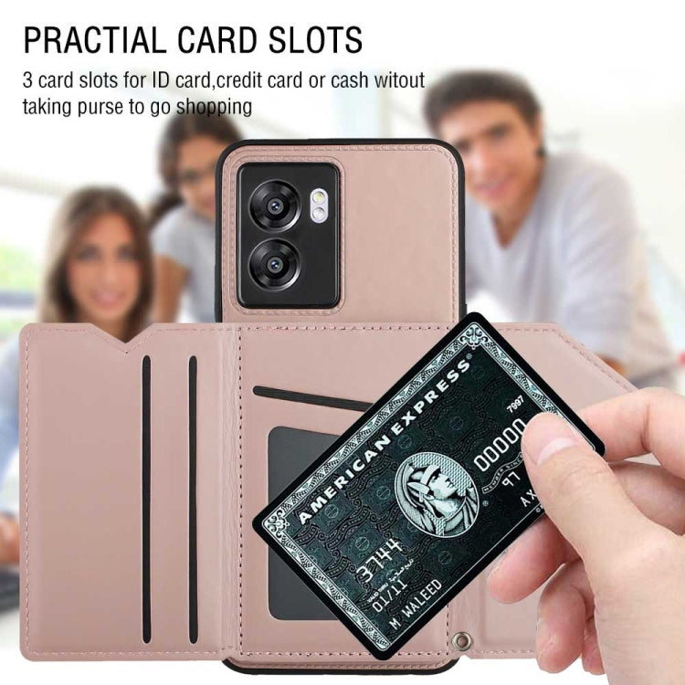 Skin feel phone case for OPPO A57 5G and A77 5G, featuring card slots and a stand design, made from PU, TPU, and PC materials.