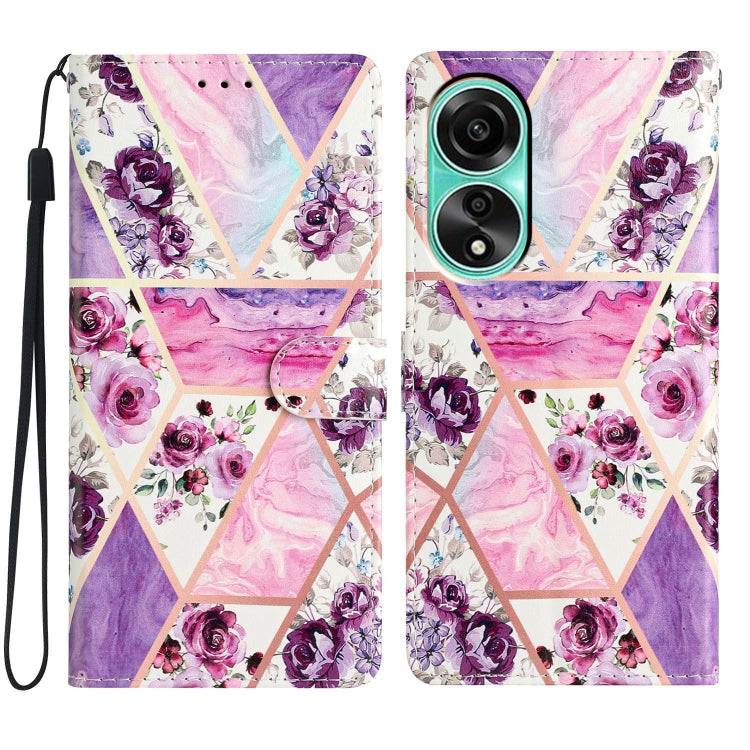 Purple Marble Leather Phone Case for OPPO A58 4G, showcasing a stylish design with card slots and a wrist strap.