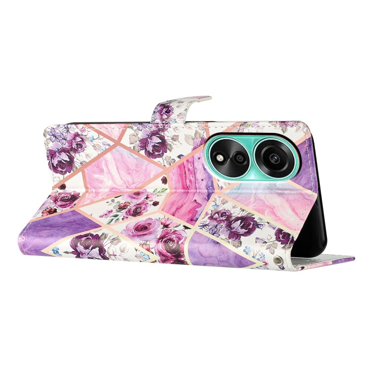 Purple Marble Leather Phone Case for OPPO A58 4G, showcasing a stylish design with card slots and a wrist strap.