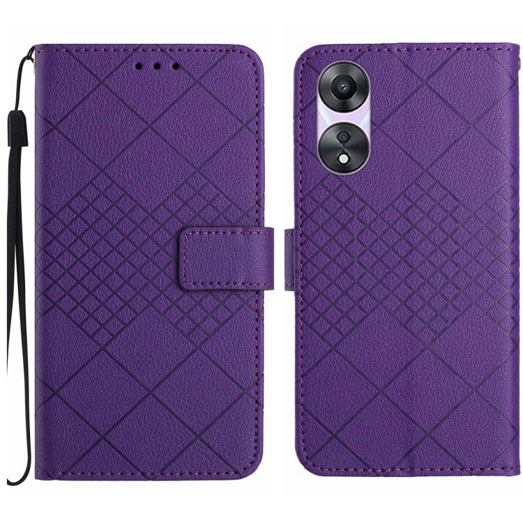Purple leather phone case for OPPO A58 4G with rhombic grid texture, showcasing its stylish design and card slots.