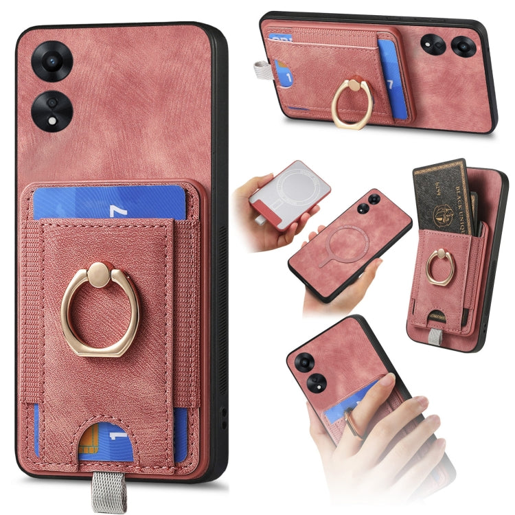 For OPPO A58 5G Retro Splitable Magnetic Card Bag Leather Phone Case showcasing its stylish design and magnetic card wallet feature.