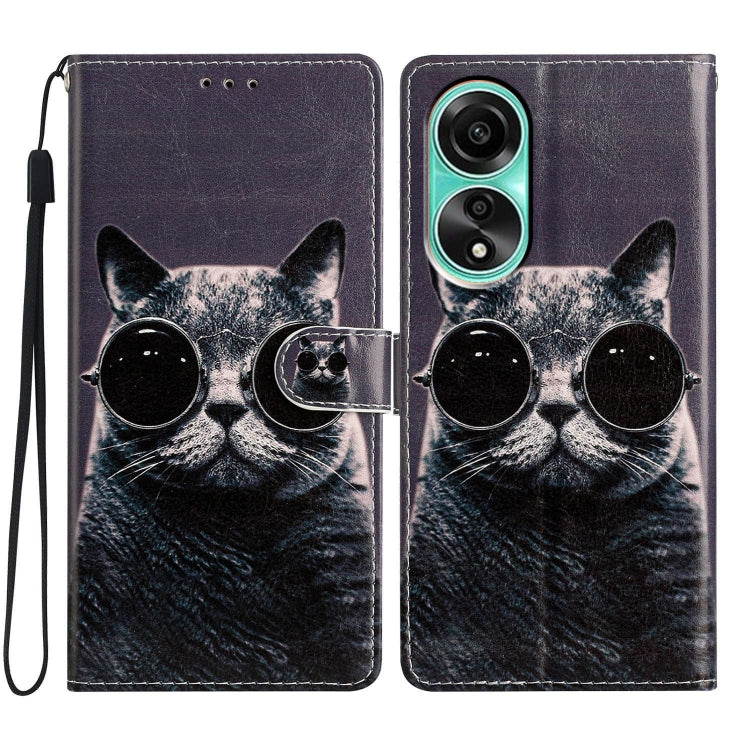 Colored Drawing Leather Phone Case for OPPO A78 4G featuring a playful sunglasses cat design, made from durable PU and TPU materials.