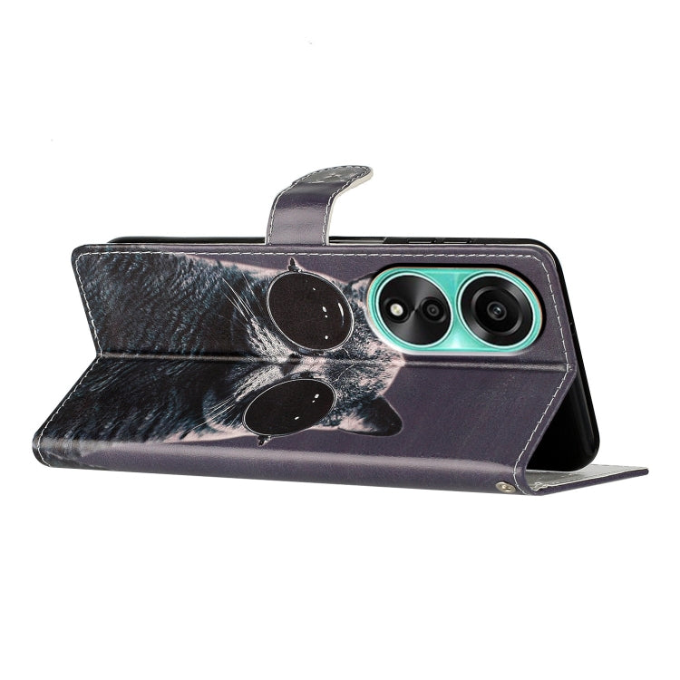 Colored Drawing Leather Phone Case for OPPO A78 4G featuring a playful sunglasses cat design, made from durable PU and TPU materials.