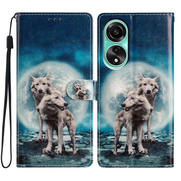 For OPPO A78 4G Colored Drawing Leather Phone Case featuring Twin Wolves design, showcasing durability and stylish protection.