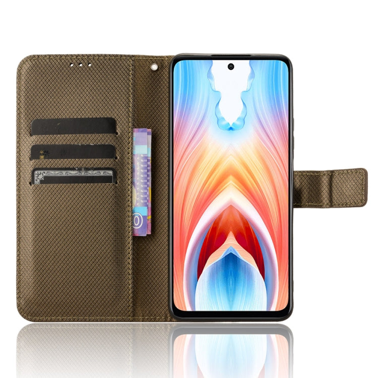 Brown diamond texture leather phone case for OPPO A79 5G and A2 5G, showcasing its elegant design and protective features.