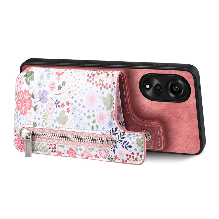 Pink retro painted zipper wallet case for OPPO A92S, showcasing card slots and kickstand feature.
