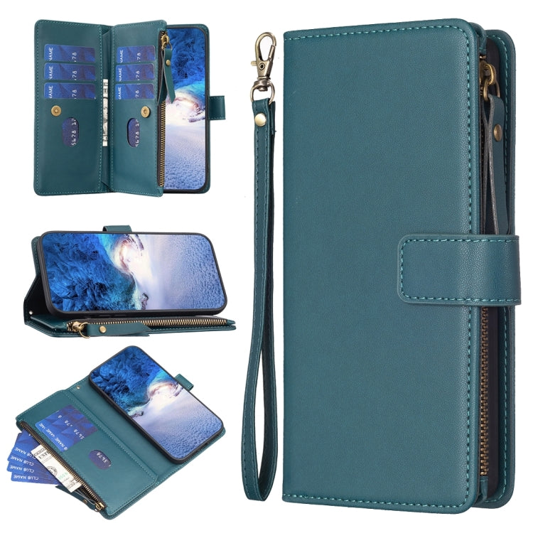 For OPPO A98 5G leather wallet case with zipper, featuring 9 card slots and a detachable wristlet strap.