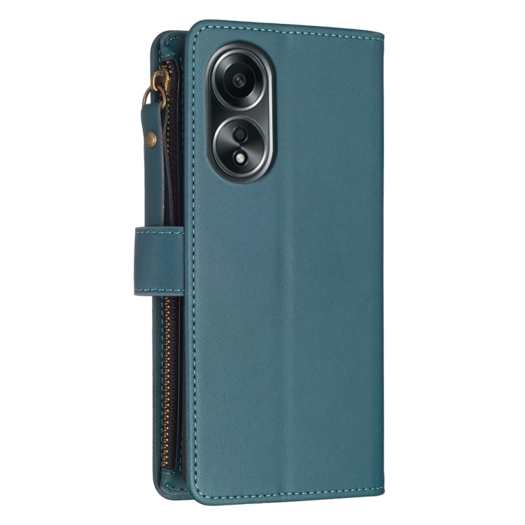 For OPPO A98 5G leather wallet case with zipper, featuring 9 card slots and a detachable wristlet strap.