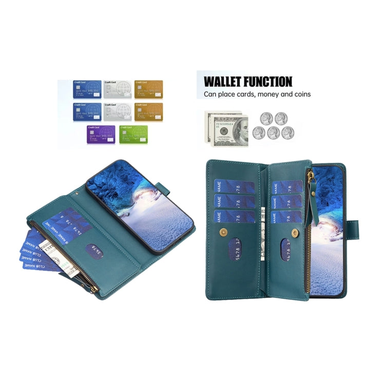 For OPPO A98 5G leather wallet case with zipper, featuring 9 card slots and a detachable wristlet strap.