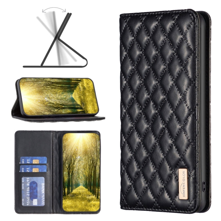 For OPPO A98 5G Diamond Lattice Magnetic Leather Flip Phone case in black with a stylish diamond pattern.