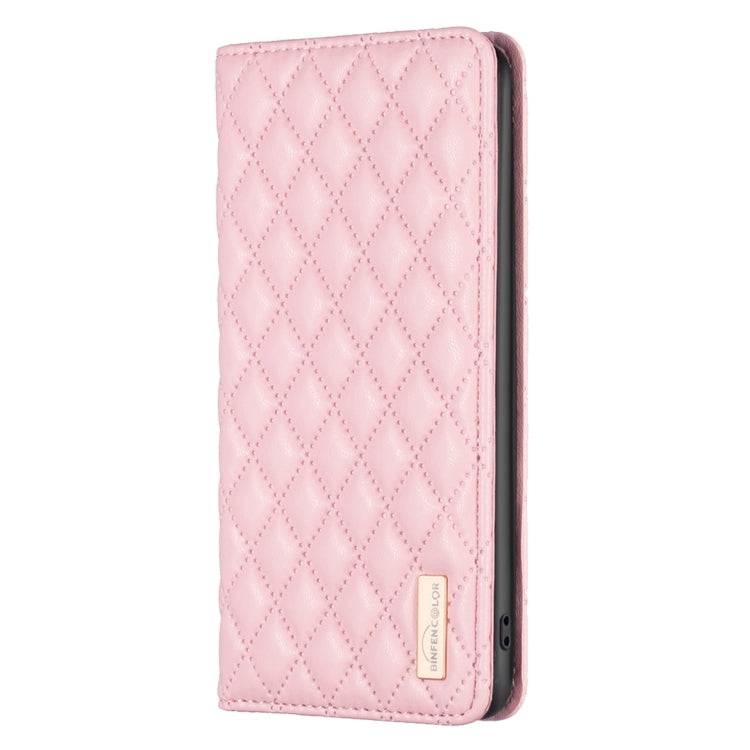 Pink diamond lattice magnetic leather flip phone case for OPPO A98 5G, showcasing its stylish design and protective features.