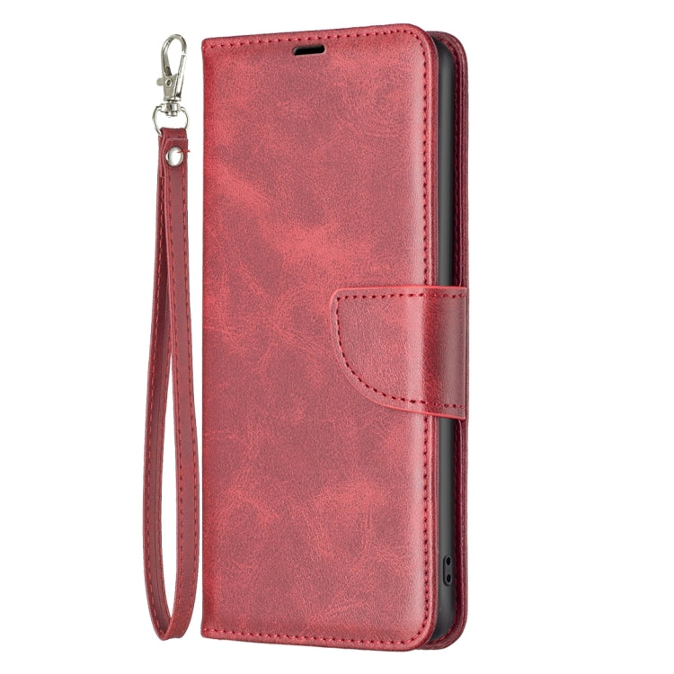 Red lambskin texture leather phone case for OPPO A98 5G, showcasing its sleek design and card slots.