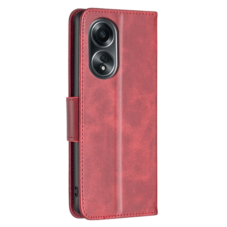 Red lambskin texture leather phone case for OPPO A98 5G, showcasing its sleek design and card slots.