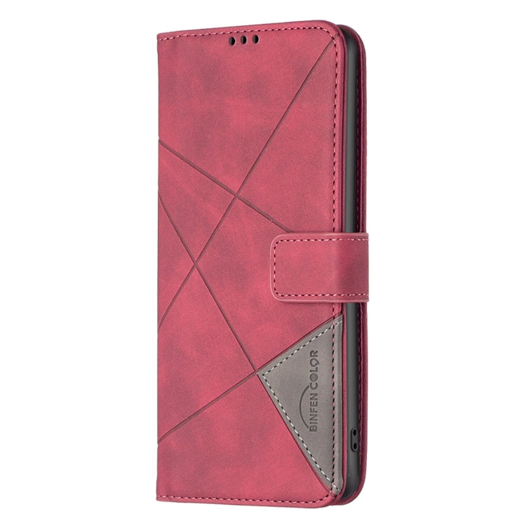 For OPPO A98 5G Magnetic Buckle Leather Phone Case with rhombus texture, showcasing its stylish design and functional features.
