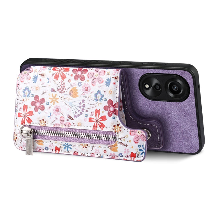 Purple retro painted zipper wallet case for OPPO F19 Pro+, showcasing its stylish design and card slots.