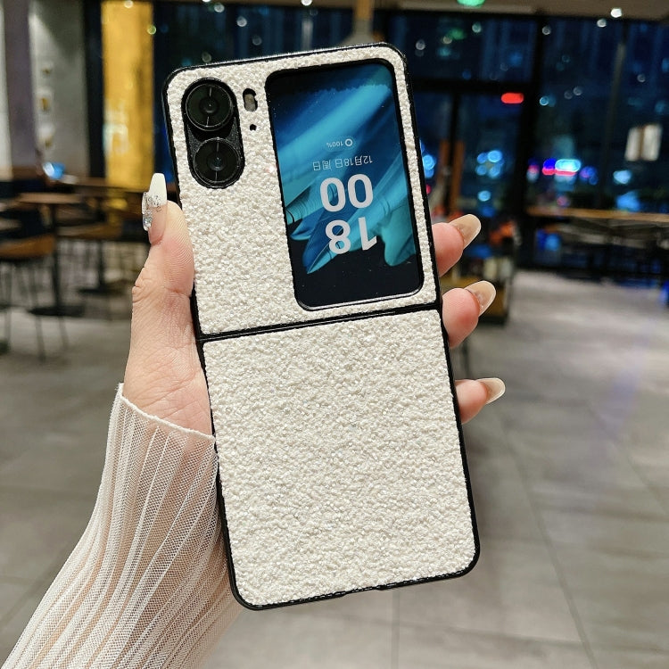 Silver Glitter Frosted Shockproof Phone Case for OPPO Find N2 Flip, showcasing its stylish design and protective features.