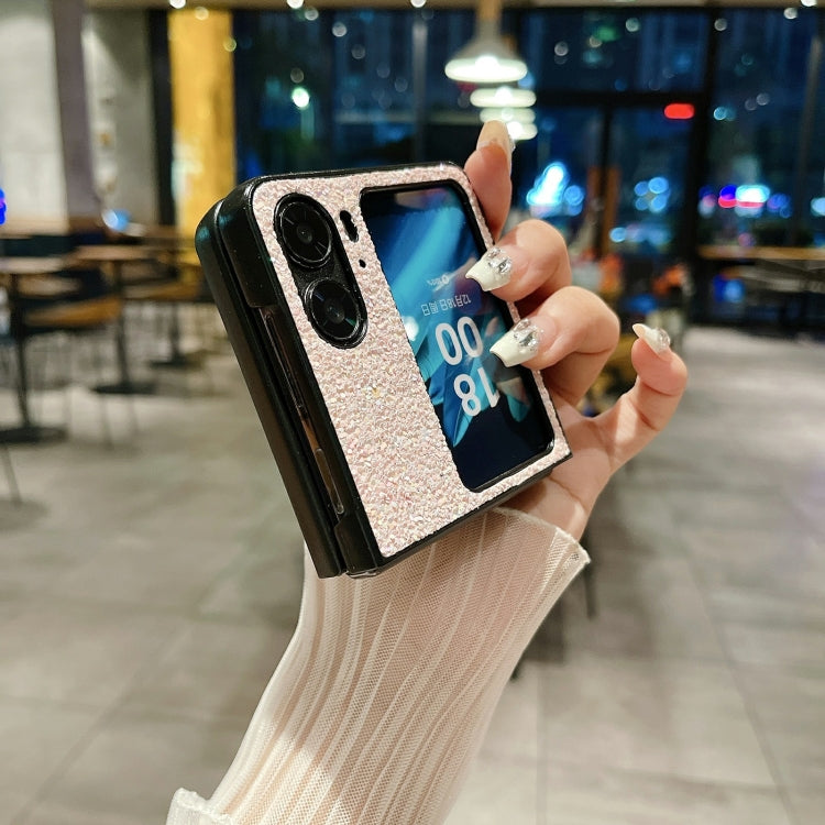 Silver Glitter Frosted Shockproof Phone Case for OPPO Find N2 Flip, showcasing its stylish design and protective features.