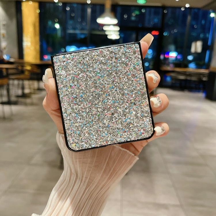 Silver Glitter Frosted Shockproof Phone Case for OPPO Find N2 Flip, showcasing its stylish design and protective features.